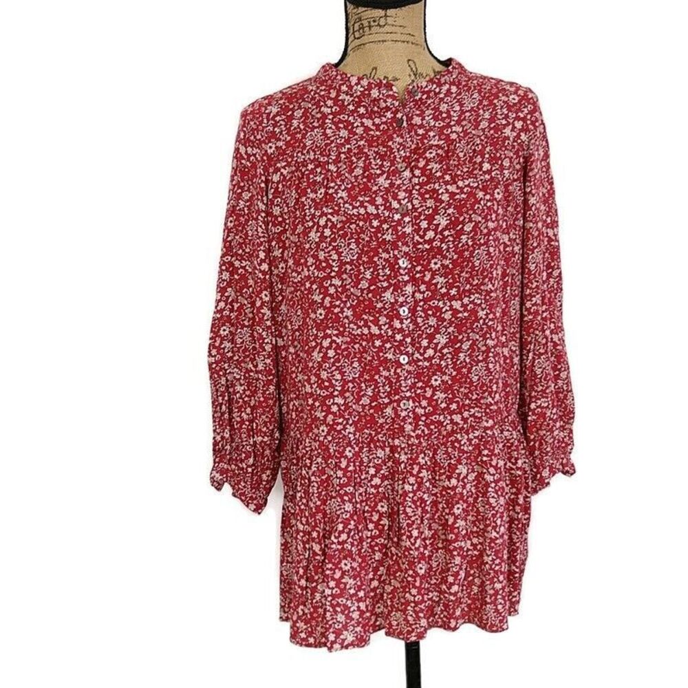 Easel Womens sz S Top Tunic Red Floral 1/2 Button Front Long Sleeve Ruffle